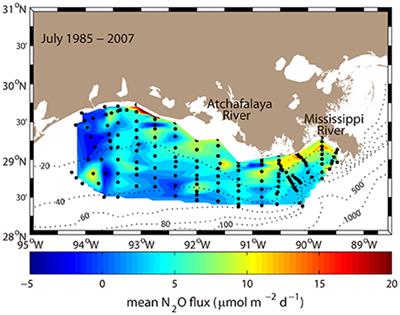 Estimating “Mean-State” July (1985–2007) N2O Fluxes in the Northern Gulf of Mexico Hypoxic Region: Variation, Distribution, and Implication